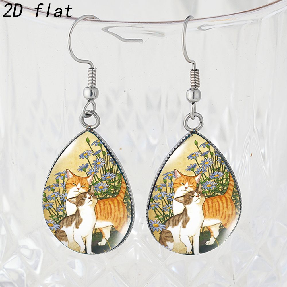 TEMU Boucles d'oreilles 2D Plates - 1 Paire, Motif Chat , Perle de en Verre avec , Crochets d'Oreilles Hypoallergéniques en Acier Inoxydable, 2D