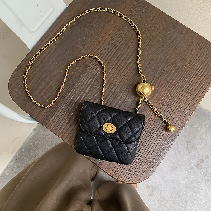 TEMU Women's Mini Square Twist Lock Chain Crossbody Bag - Graphic Belt Bag, Lightweight, Black Multipurpose Belt Bag Or Shoulder Bag