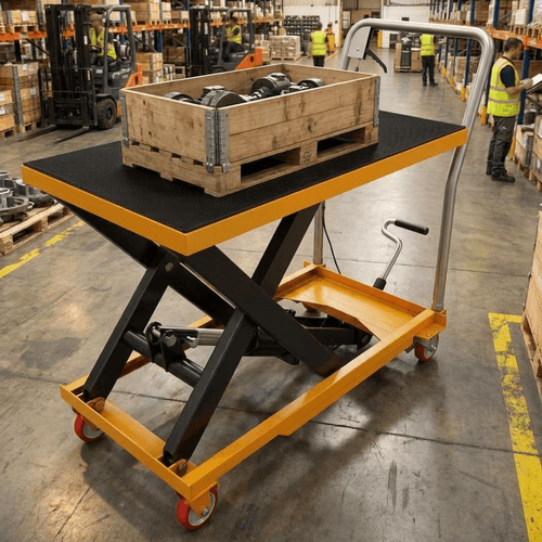 manual hydraulic lift table cart 500 lbs capacity single scissor platform cart with 28 5 lifting height non slip surface lockable swivel casters for home garage workshop personal use