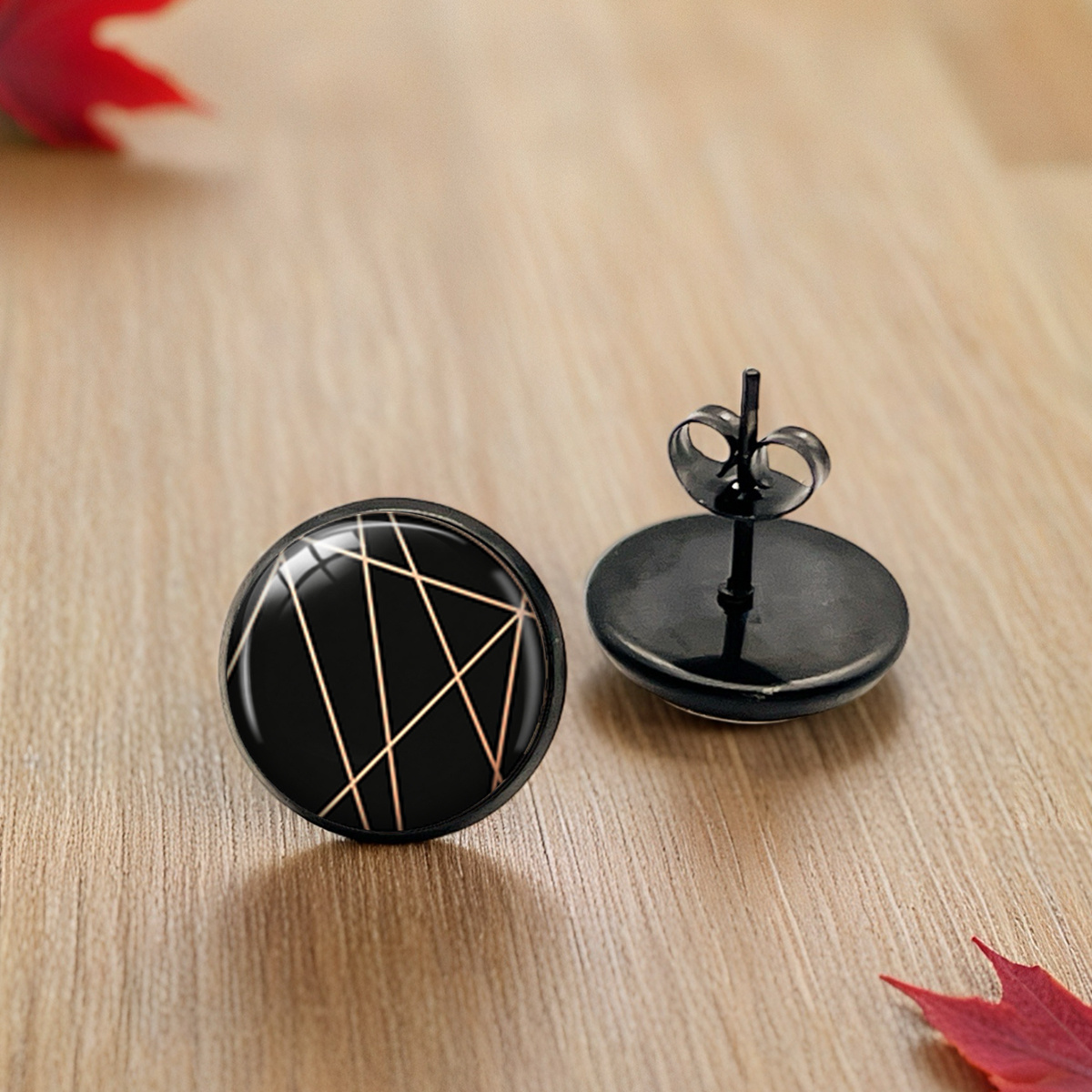 Black Background Golden Irregular Geometric Line Pattern Stud Earrings