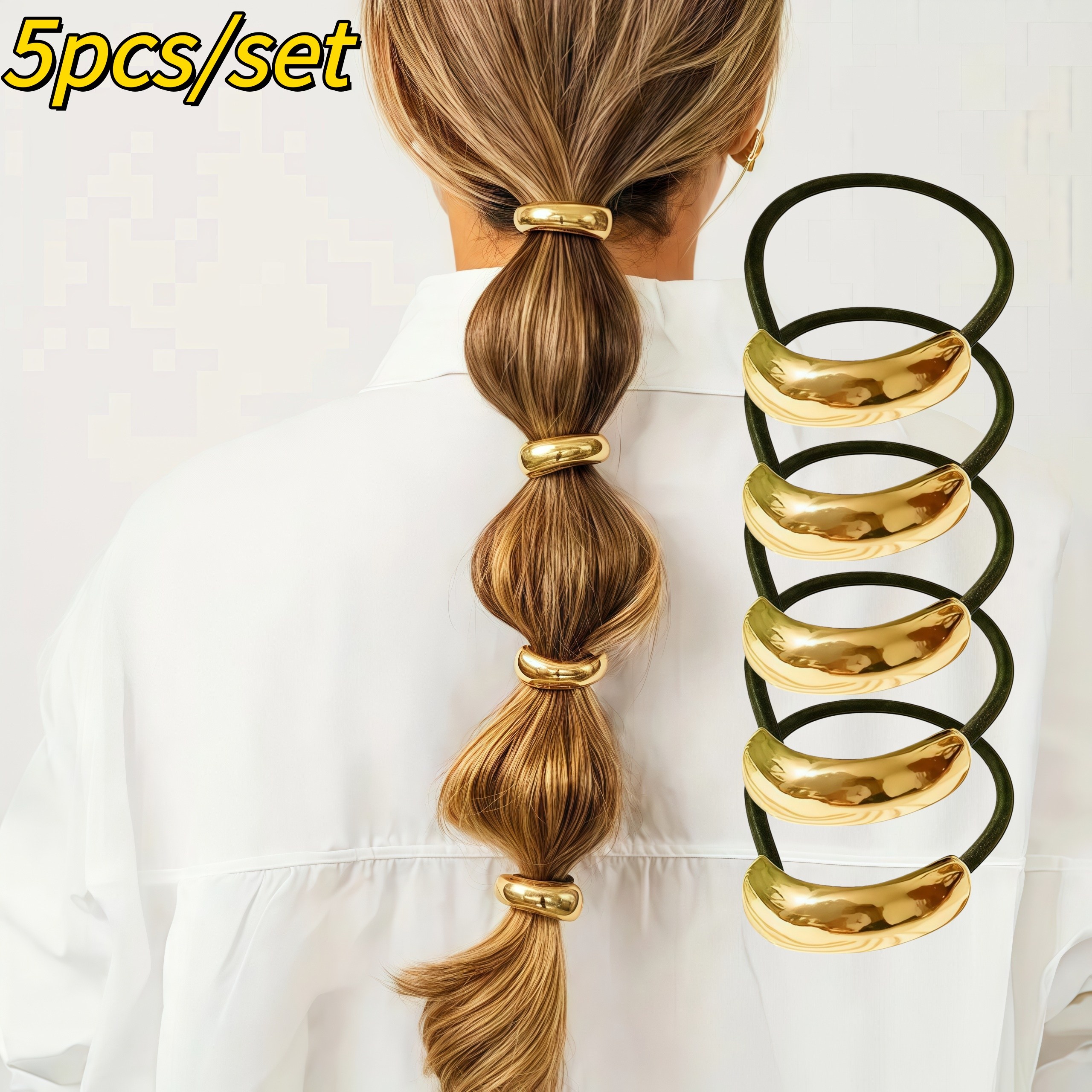 TEMU 5pcs Golden Metal Women's Hair Ties - Bohemian Style Geometric Pattern Elastic Hair Bands, Suitable For Thick Hair, Elegant Vintage Hair
