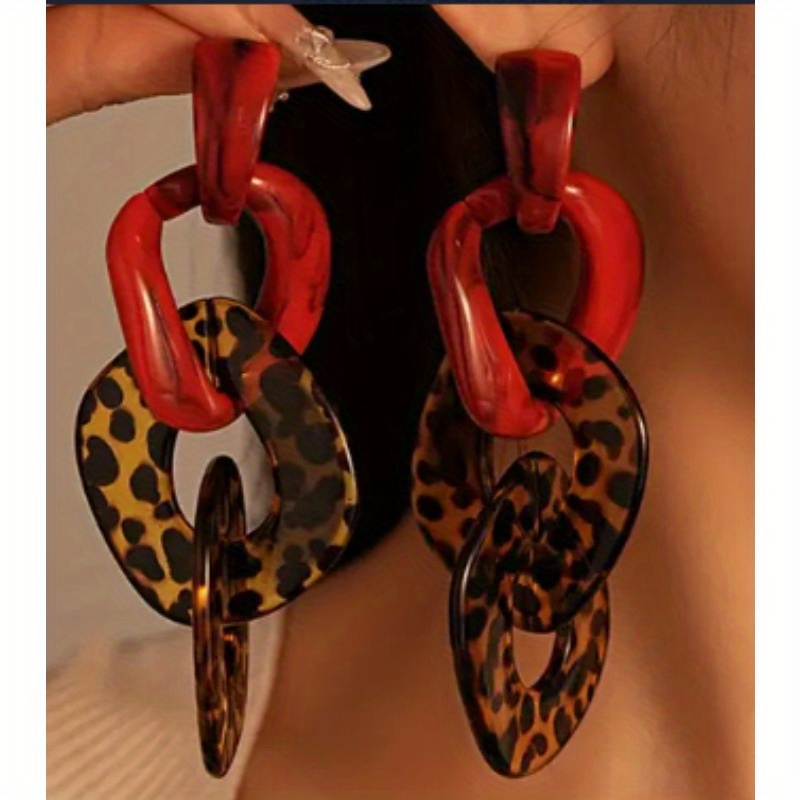 TEMU 2pcs Fashion Style Geometric Leopard Square Red Curry Women's Earrings For Music Festival Party