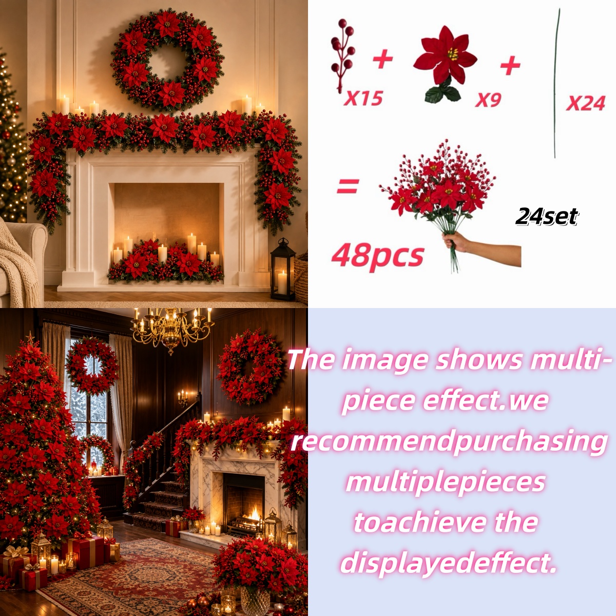TEMU 48 pezzi, 24 set di bouquet di fiori decorativi natalizi ad , , , pianta artificiale, composizione in vaso, decorazione da tavolo, portico, ,