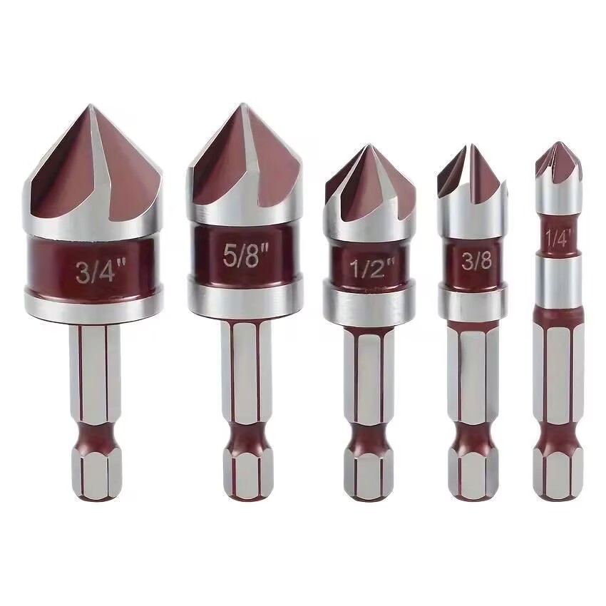 TEMU 5pcs Hex Countersink Boring Drill Bit For Wood Chamfer Cutter Chamfer Metal Drilling Bit Set 1/4' 3/8' 1/2' 5/8' Hole Opener Tool With Holder