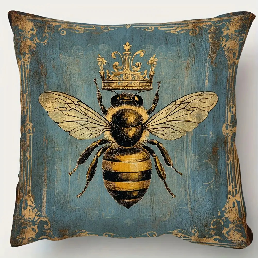 TEMU 1pc Vintage Bee And Decorative Pillow Cover - 45.72x45.72cm Short Plush, Single-sided, Zipper Closure, Hand Washable Polyester - Ideal For Sofa,