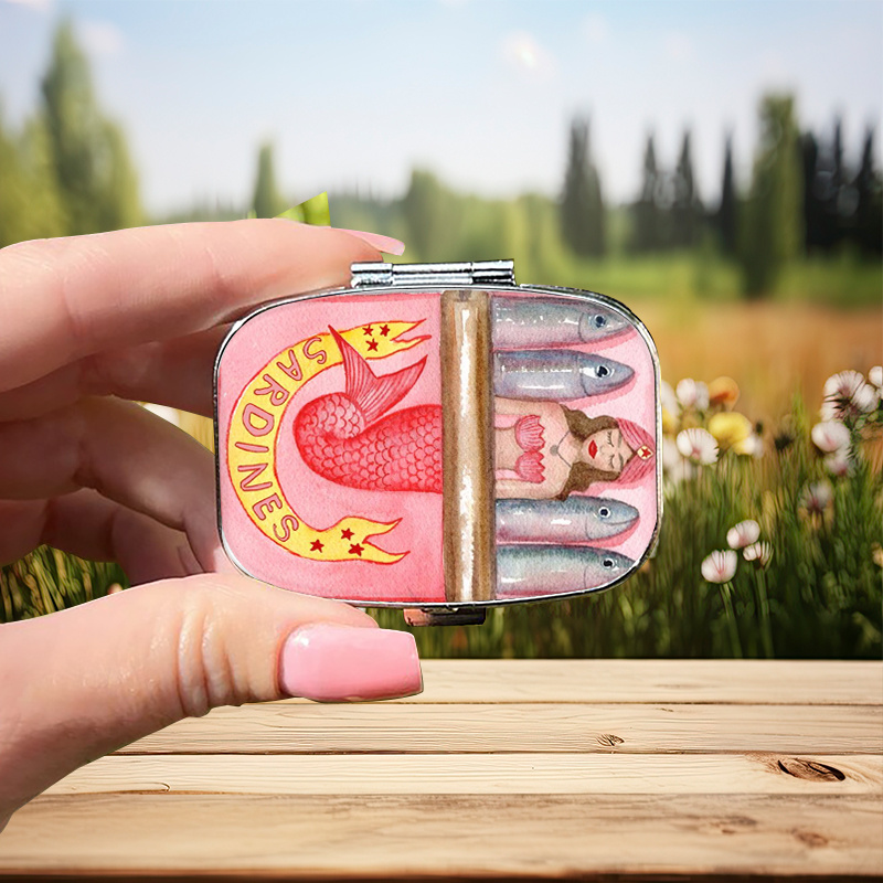 Image of 1pc Mermaid Sardine Mini Metal Organizer For Medication, Vitamins, Jewelry, Earrings 2-compartment Portable Gift Box