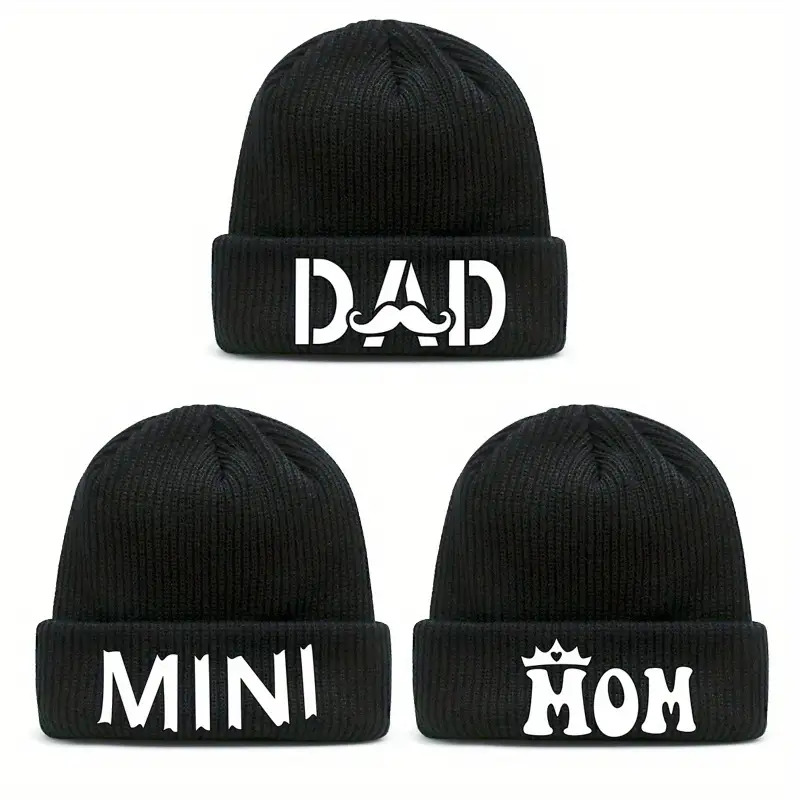Image of 3-pack Elastic Breathable Hat- Dad/mom/mini Text Urban Style Unisex Head Cover, Autumn Winter Warm Soft Hat, Fashionable Casual Headwear, Comfortable Warm Headscarf