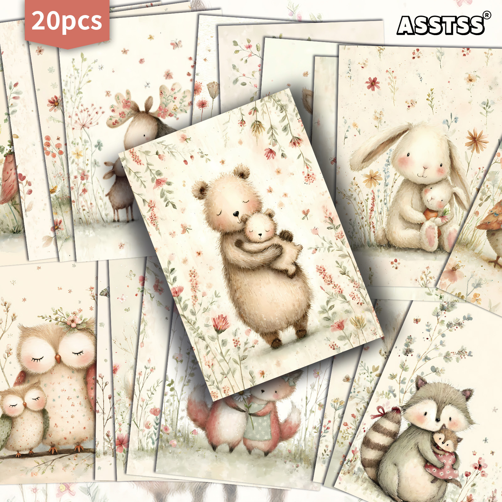 E-shop 20er-Pack ASSTSS Aquarell-Grußkarten mit Mutter--Baby-Tieren – 4x6 Zoll Junk-Journal-Papier, klassische -Illustrationen, dekorative Sammelkarten