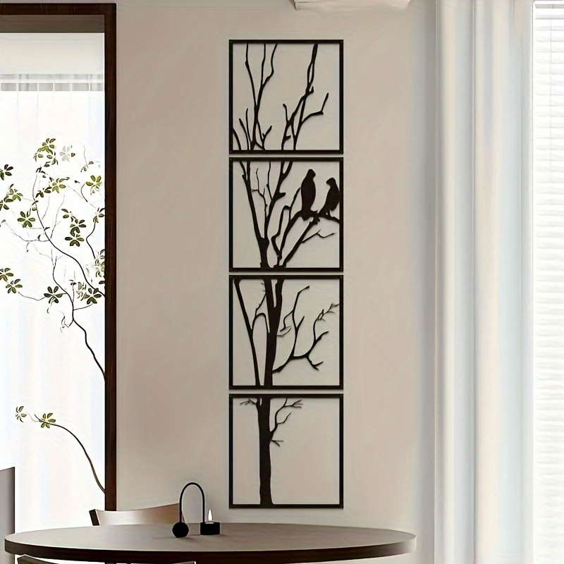 TEMU 4pcs, Fashionable Black Metal Bird And Branch Wall Art- Modern Shaped Decoration, Suitable For Home, Living Room, Bedroom, Office, Outdoor Use,