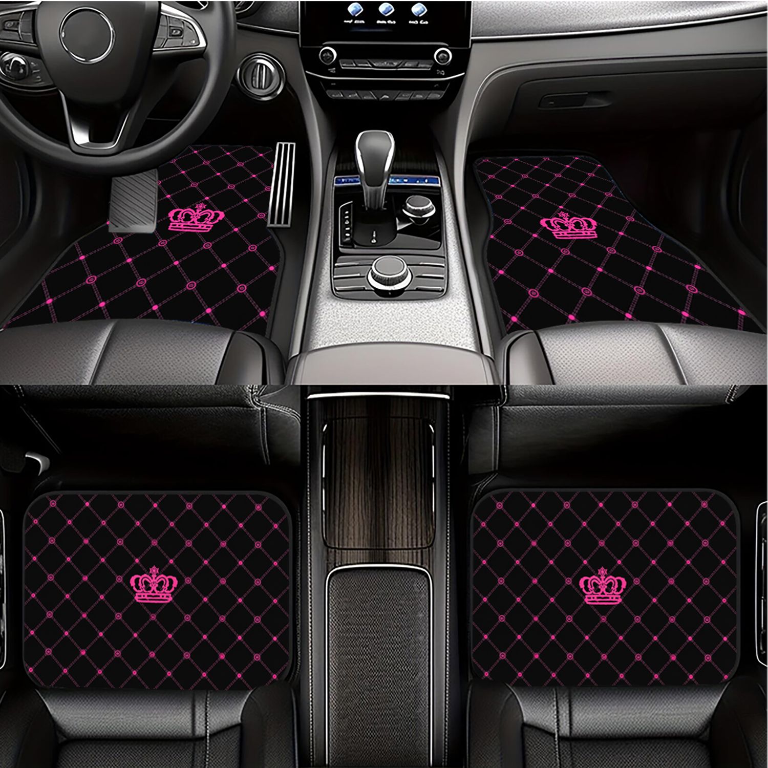 TEMU 2pcs 4pcs Pink Crown Diamond Quilted Pattern Print Car Floor Mats, Stylish Interior Decoration Accessories, Universal Fit For Sedan Suv Truck,