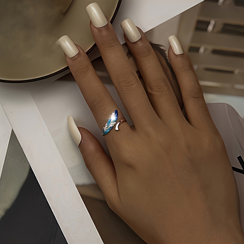 Women's Romantic Ethnic Style Blue Feather Ring with Zirconia