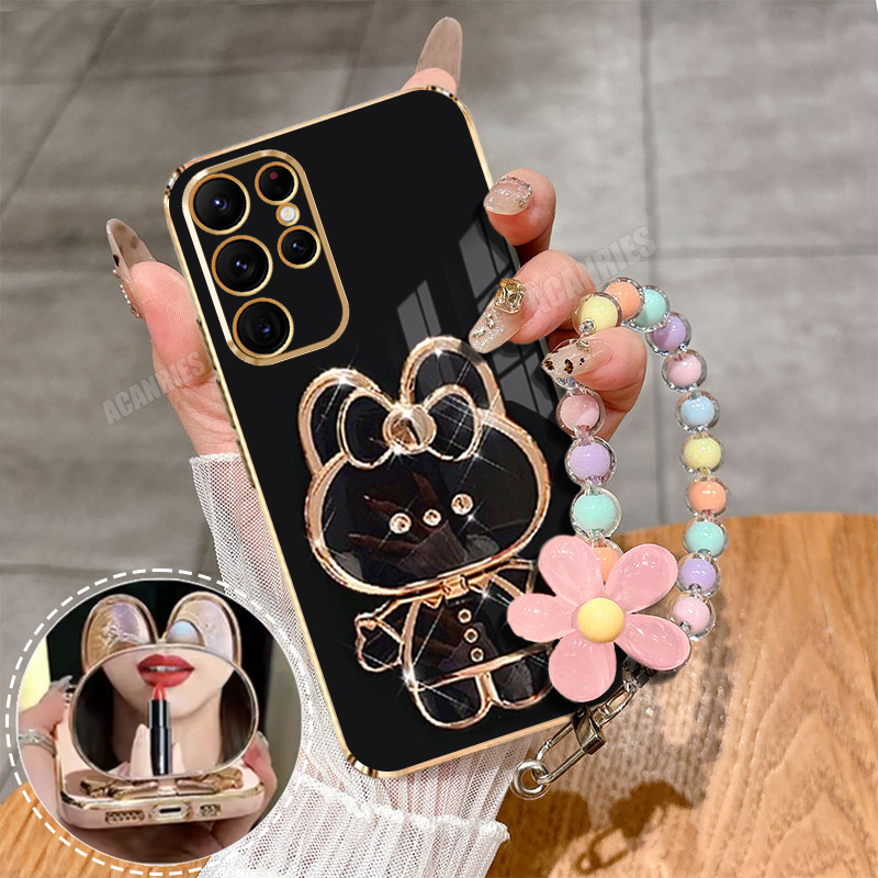 TEMU Phone Case - Acanries Colorful Beads Pink Flower Lanyard Wrist Strap Chain Cute Mirror Folding Holder Luxury Plating Phone Case For Galaxy S21