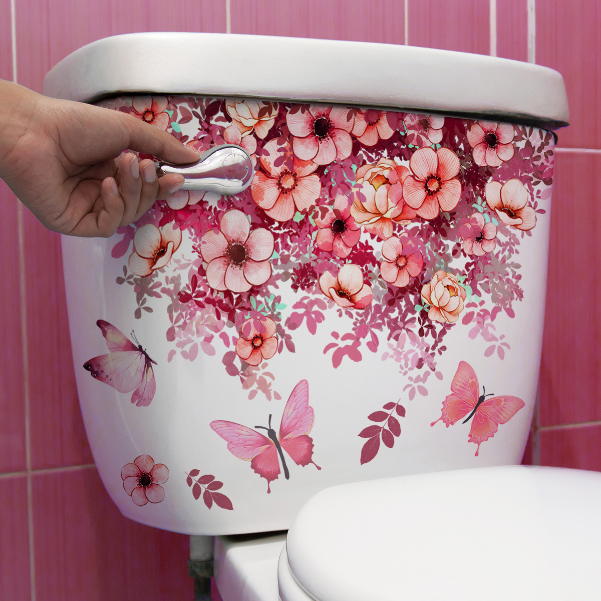 

Floral And Toilet Sticker - Self-adhesive, Matte Bathroom Decor, Pink And Peach Flowers With Green Leaves, Ideal For Ceramic , Bathroom Decor And Accessories