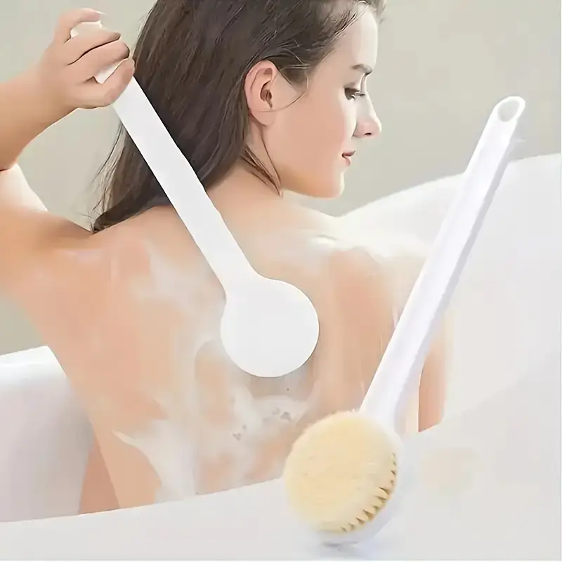 long handle bath massage & exfoliating shower brush with soft bristles and massager heads - heavy-duty non-slip grip, for back, legs, , sensitive light beige - manual bath scrubber, no batteries/electricity, ideal for spa, home, shower use - durable bathroom accessory for adults & seniors - white with beige bristles, hanging loop for , exfoliating & massaging functionality, bath brush long handle for shower, shower brush, Product details 0