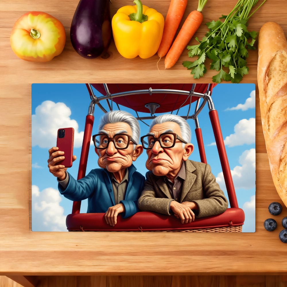 chopping board set funny elderly selfie balloon ride glass cutting board retro cartoon kitchen decor durable easy clean tempered glass gift for seniors home cooks and humor lovers