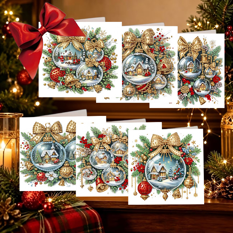 TEMU 6pcs Unique New Diamond Painting Greeting Card Set With Christmas Ball Design -- Suitable For Elders, , Family, Expressing Gratitude And Care;