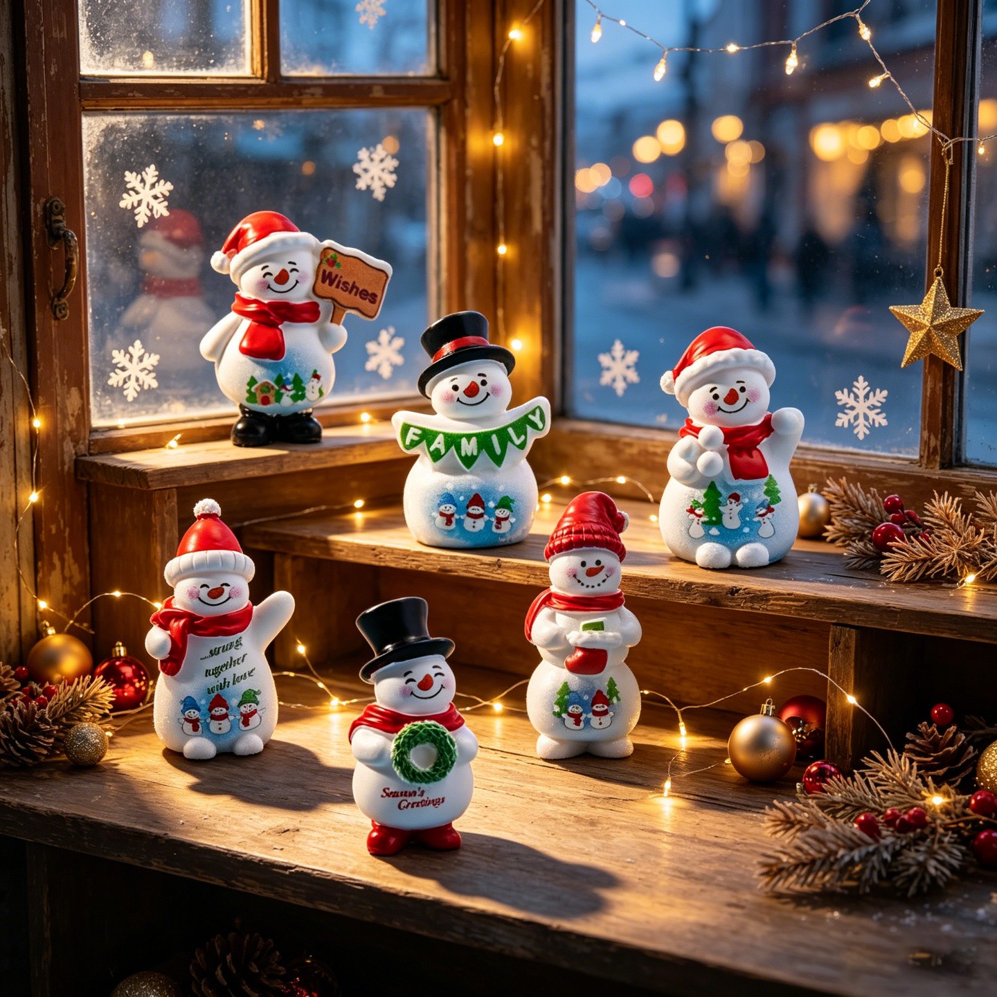TEMU 6-piece Miniature Snowman Figurines With Wishes Banner & Wreath - Resin Family Statues Suitable For Car Dashboard Decor, Dollhouse Diorama,