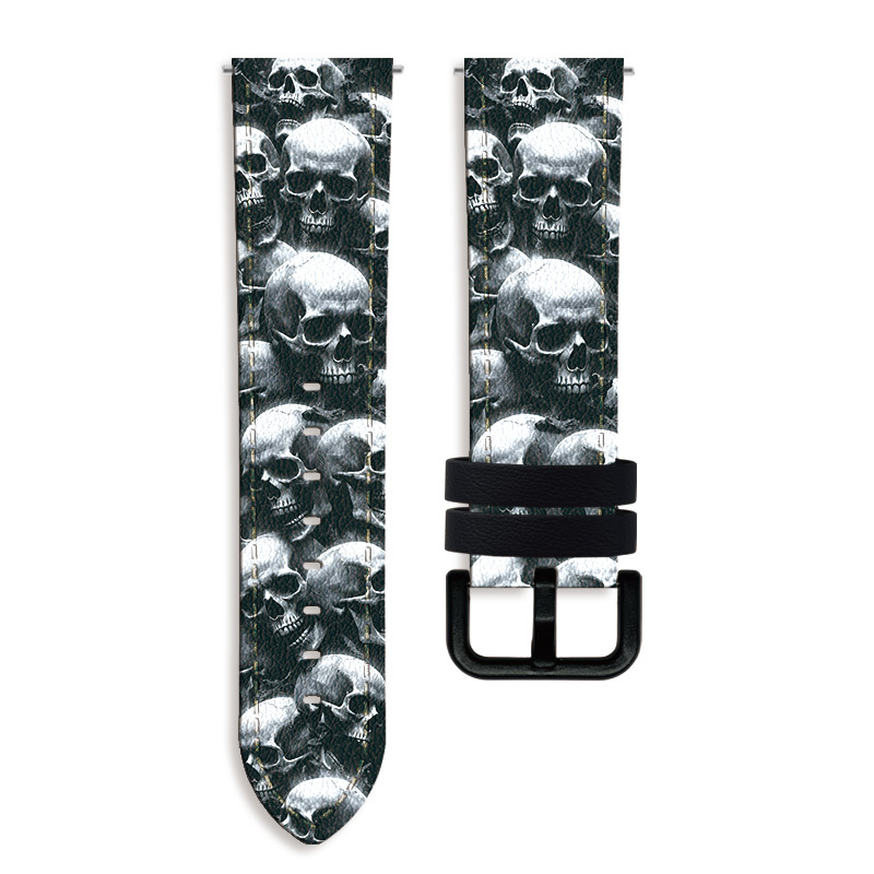 TEMU Halloween-Tag, 2D-Flach, Totenkopf- & Gruseliges Totenkopfmuster ~ Premium weiches PU-Uhrenarmband 20mm 22mm - Schnellwechsel-Sportarmband