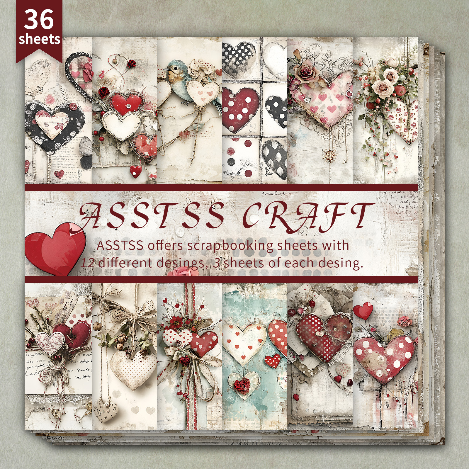 TEMU Bloc de Papier Scrapbooking 36 Feuilles 6*6 Pouces, Style et Nostalgique Cœur de la Saint-Valentin, Papier de Fond pour Journaling, Art Collage,