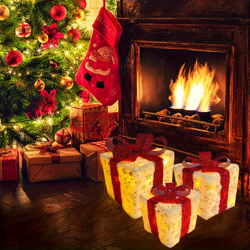 3pcs Plush Christmas Glowing Gift Box, Christmas Red Bow Gift Box, Christmas Party Gift Box with Golden Snowflakes, Suitable for Christmas Tree, Holiday Decoration, Home Decoration, Christmas Celebration Gifts, Collectible Buildings & Accessories, Best for Christmas, Christmas Light Gift Box, Christmas Decoration, Christmas Stuff Cheap, Christmas Village, Christmas Home Decoration