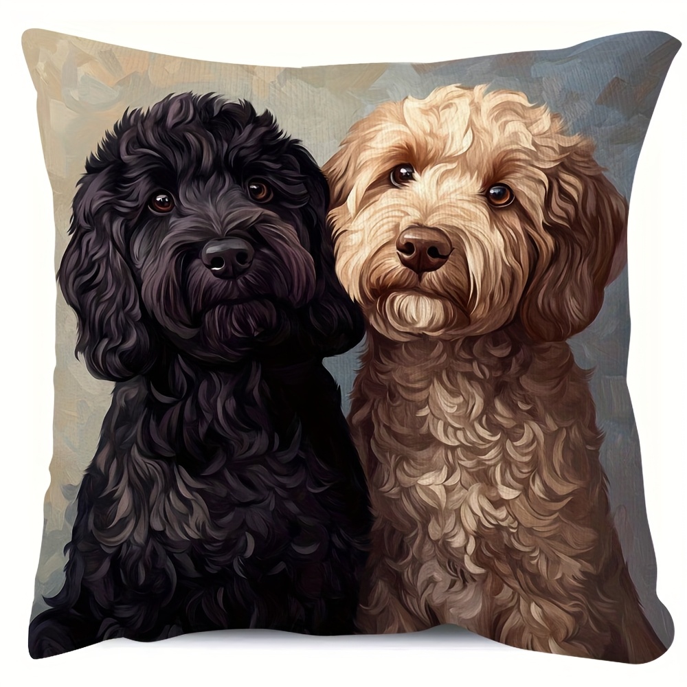 TEMU 1pc 2d Flat Printing Short Plush Decorative Pillow Cover - 2 Dog Portrait Digital Illustration, Traditional Style 45.72x45.72cm, Single-sided