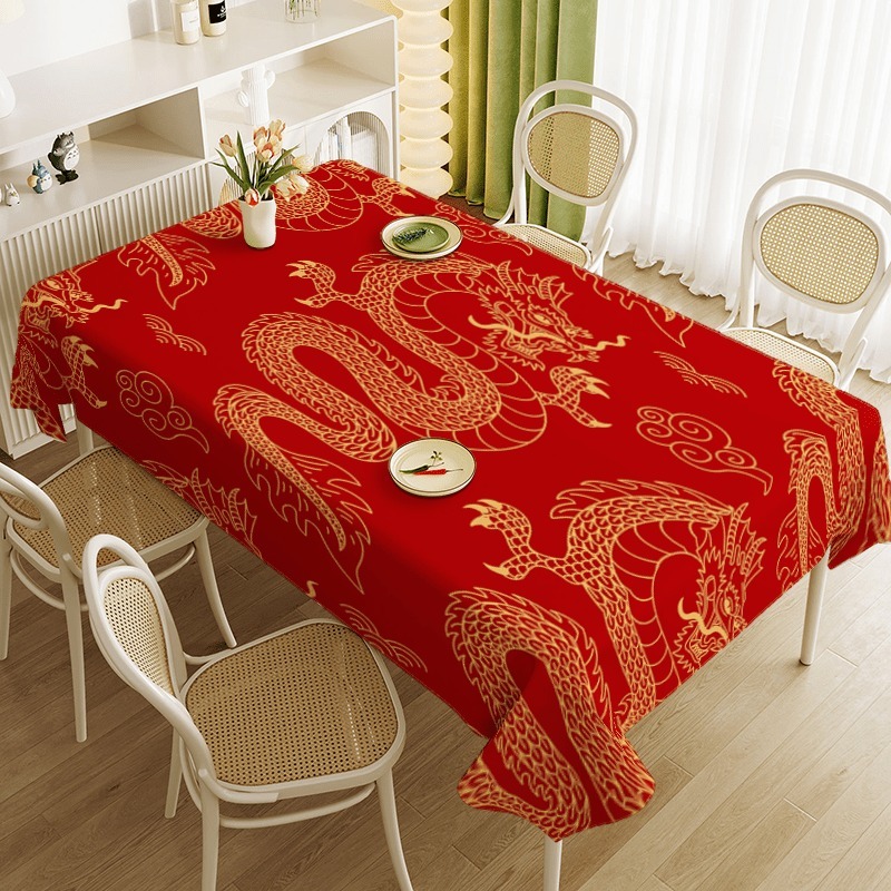 TEMU 2d Flat 1pc- Red Background With Patterns, Chinese-style Tablecloth, Rectangular Tablecloth, Party Tablecloth, Artistic Tablecloth, Suitable For