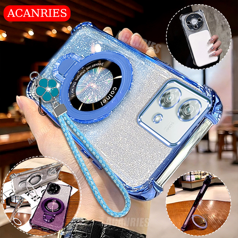 TEMU Phone Case: Acanries Luxury Magnetic Stand Holder   Candy Color Woven Lanyard   Plating Gradient Glitter Shockproof Phone Case For Motorola Moto