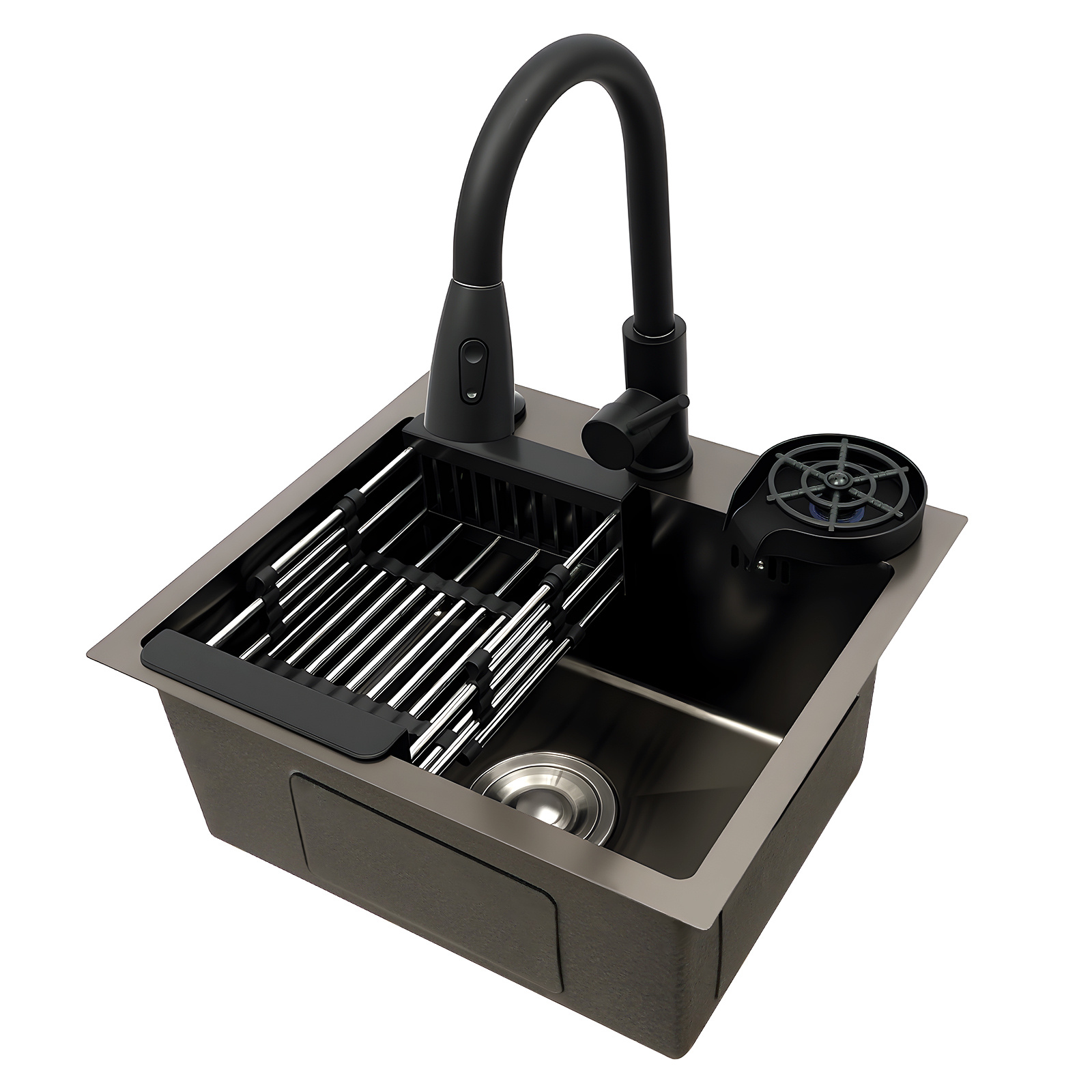 E-shop Küchenspüle mit ausziehbarem Wasserhahn, Glasbecher-Spüler, Abtropfkorb, Seifenspender, schwarzes Edelstahlspülbecken mit Nano-Beschichtung,