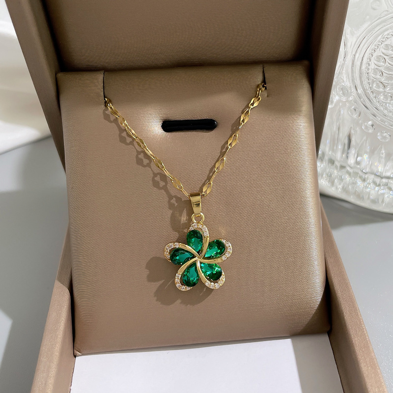 Image of Fashion Retro Style Flower Stainless Steel Necklace Ins Copper Microset Tassel Collarbone Chain Sweater Chain Women's Accessories