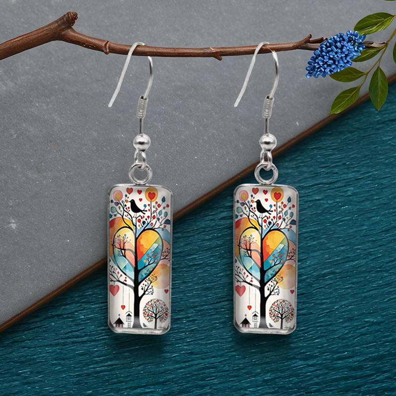 TEMU 1 Pair Heart Bird Tree Illustration Rectangular Earring Fashion Dangle Earrings Handmade Glass Dome Jewelry, Without Battery