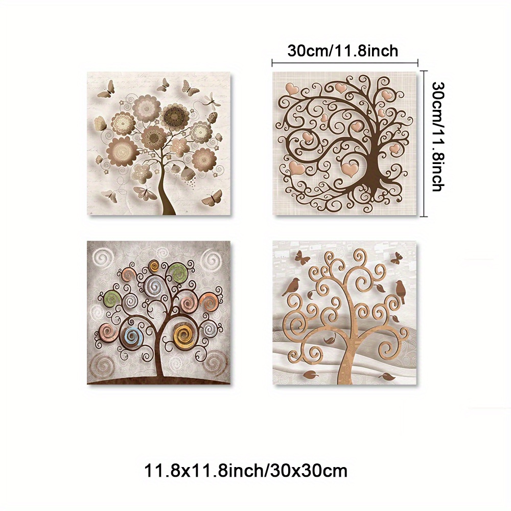 TEMU 2D , 2D , Juego de 4 Cuadros del Árbol de , Decoración de Pared , Colores Vibrantes, Lienzos Impresos, Ideal para Cocina, , Oficina, Como