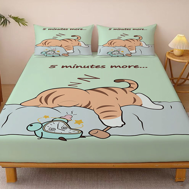 TEMU 1 Drap-housse avec motif "Chat dans le lit, le réveil, dormant encore minutes", drap-housse à poche profonde simple, drap-housse enveloppant sur