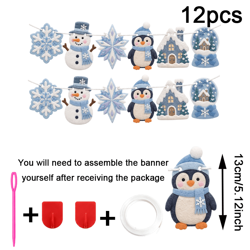 TEMU 2d Flat Print 12pcs Christmas Season Felt Banners Wreath Set, Diy Assembly Felt Banners Hanging Decoration With Snowflakes, Snowmen, Penguins,