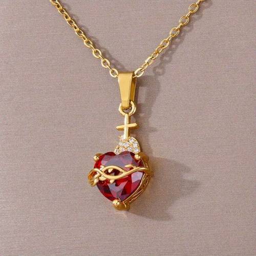 trendy vintage golden inlay red synthetic gemstone cross pendant necklace for women daily casual accessories religious necklace jewelry southern