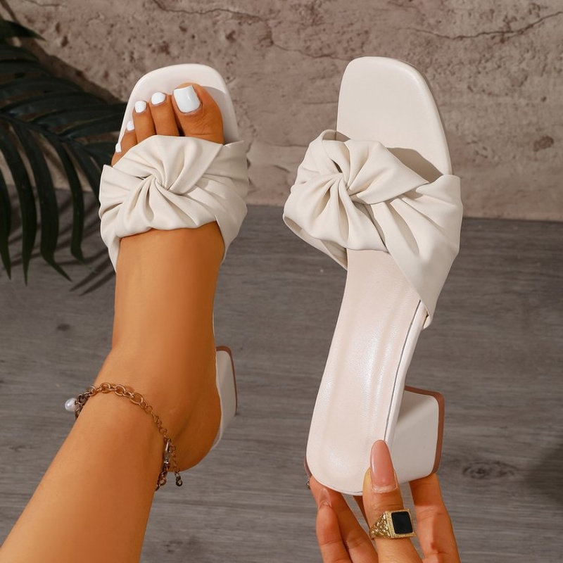 Image of Summer New Head Dragging European And American Women's With Wrinkles, Toes, Thick High Heels, Slippers, Women Shoes