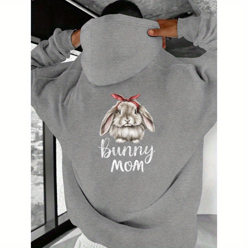 

Men's Bunny Mom Graphic Hoodie - Cozy Polyester Pullover With Front Pocket, Black Casual Fall/winter Wear, Machine Washable, Apparel | Hooded Sweatshirt | Printed Design