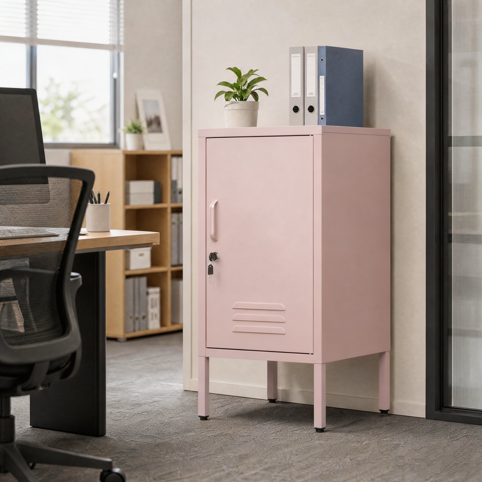 Metal Office Filing Cabinet, Lockable Storage Cabinet with 2 Adjustable Shelves for Documents, Modern Steel Side Table with Lock for Home Office, Bedroom Nightstand, Secure Ventilated Locker