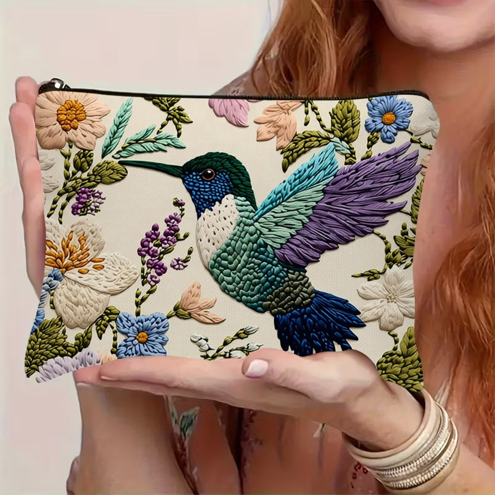 TEMU 1pc Vivid Hummingbird And Embossed Floral 2d Flat Print Cosmetic Bag, Made Of Durable Material, Zipper Closure, Multifunctional Toiletry Storage
