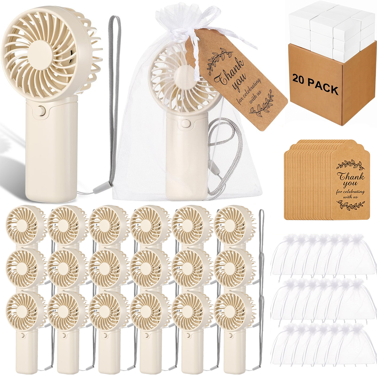 TEMU Gift For Her/him 60pcs/20 Sets Wedding Mini Handheld Fans 20pcs Bulk Portable Small Fans 20pcs Drawstring Gift Bags And 20pcs Thank You Cards