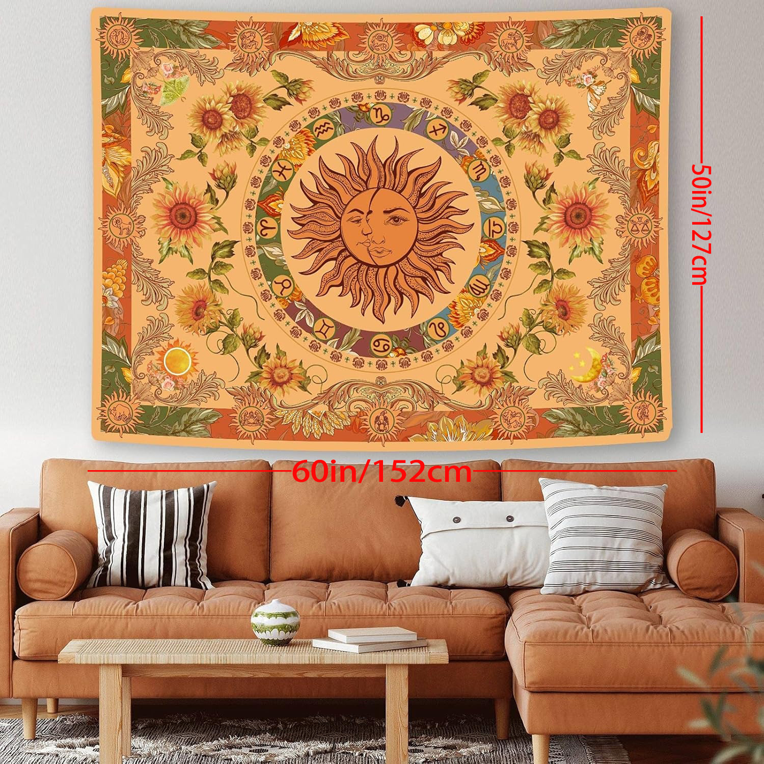 Bohemian Retro Sun Tapestry With Sunflower Butterfly And Moth_voghion.com