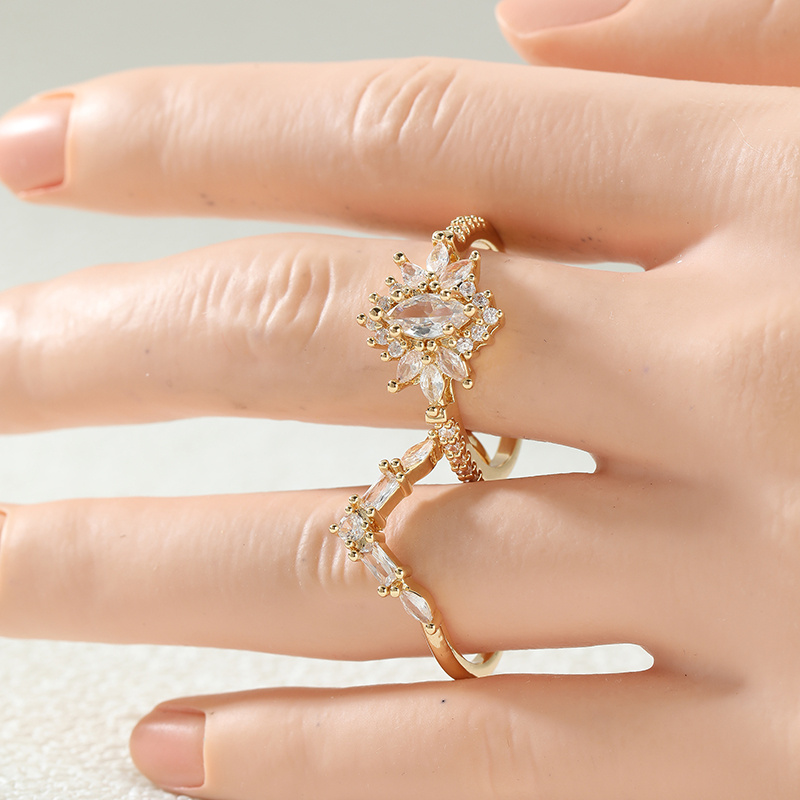 2pcs Women’s Plated Clear CZ Ring Set, Marquise Baguette & Sunburst Star Flower