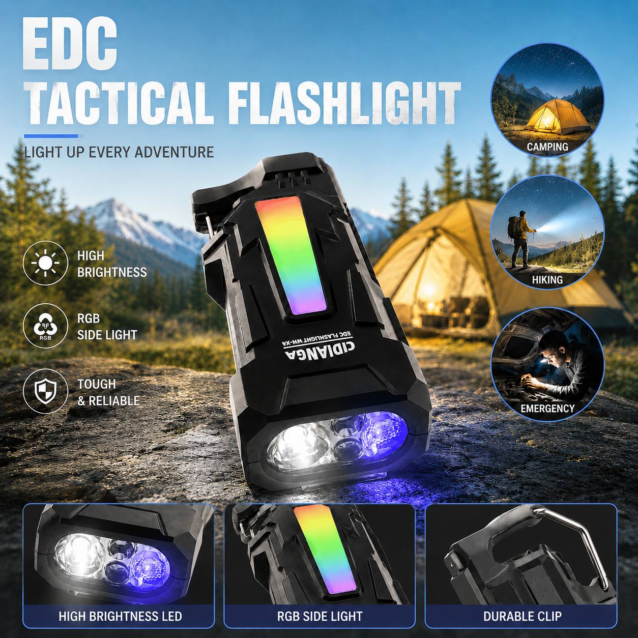 TEMU Multi-functional New Usb Rechargeable Flashlight, Tactical Flashlight With Variable Zoom Led Spotlight, Supports Type-c Charging, Output,