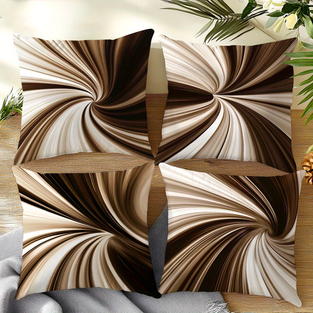 TEMU 4pcs Brown Swirl Geometric Pillowcases, Modern Light Luxury Decorative Pillowcases, Single-sided Short Plush, Featuring Brown-white Gradient