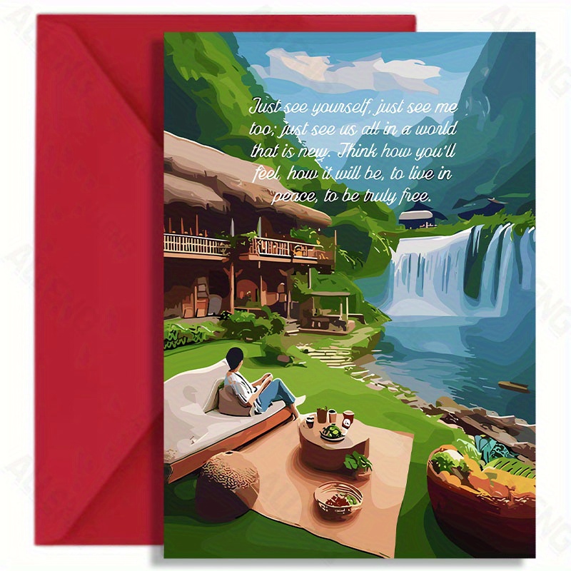 

1pc Alleng Inspirational Greeting Card With Envelope - Waterfall & Natural Scenery Design - Friends, Family & - Mental Health & Emotional Support