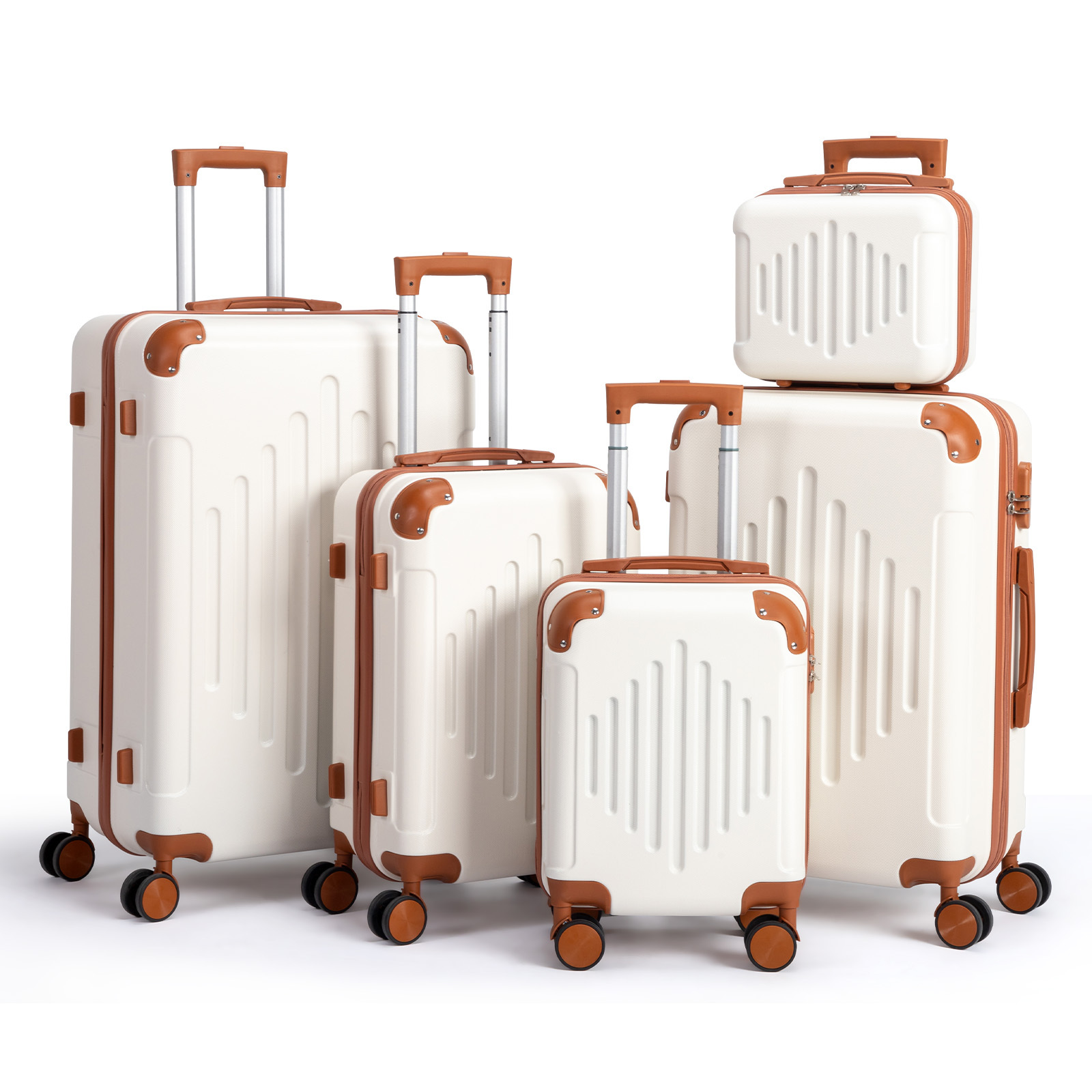 item picture 4/5pcs Hard Shell Luggage Set, Expandable & Lightweight Hardside Suitcase With 360° Spinner Wheels (12, 16, 20, 24, 28 Inch) - Stylish White Paired With Brown Luggage