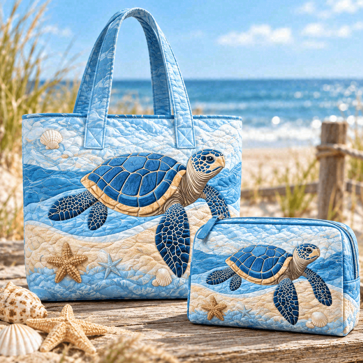 TEMU 2pcs Women's Coastal Sea Turtle Print Quilted Tote Bag Set With Matching Pouch, Ocean Wave Seashell And Starfish Design, Spacious Shoulder