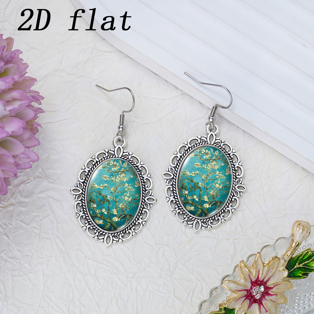 Time Gem Glass Earrings with Van Gogh's Almond Blossom Pattern