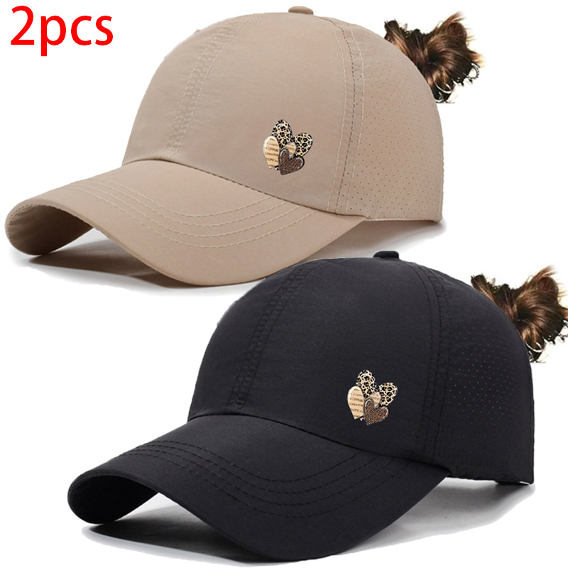 Image of Women's Summer Cross Mesh Ponytail Baseball Cap 2pcs Set, Featuring A Lightweight Casual Design, Quick-drying And Breathable, With Heart-shaped Pattern Decoration