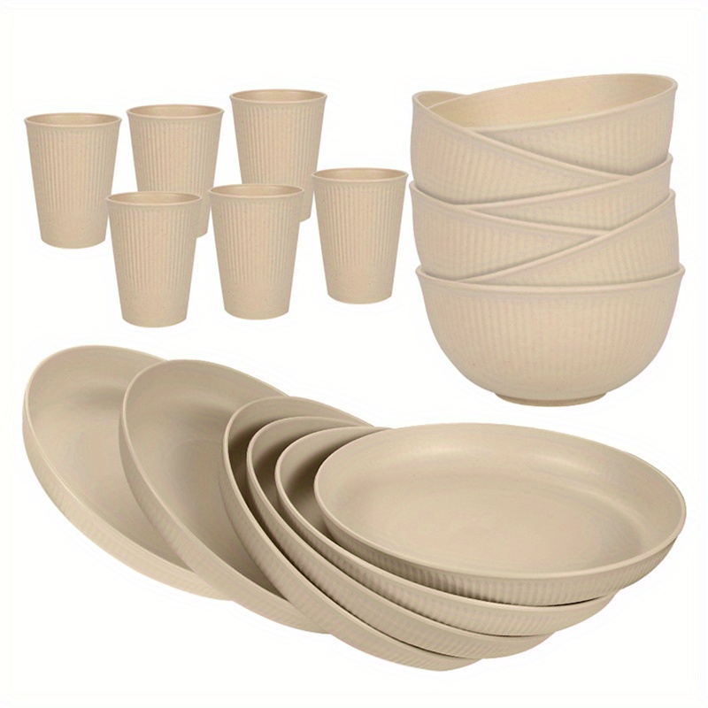 TEMU 18pcs Unbreakable Tableware Sets For 6 People, Plastic Plates And Bowls Set, Lightweight Plastic Camping Plates, Bowls, Cups, Cutlery Set,