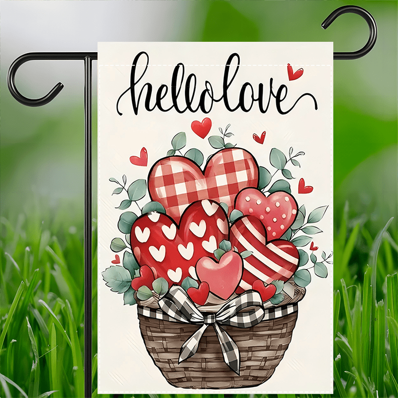 

1pc, "" Heart Basket Garden Flag-double-sided Linen For Valentine's Day, Anniversary And Farmhouse Outdoor Decoration, No Flagpole Double Sided Waterproof Burlap Flag12x18inch